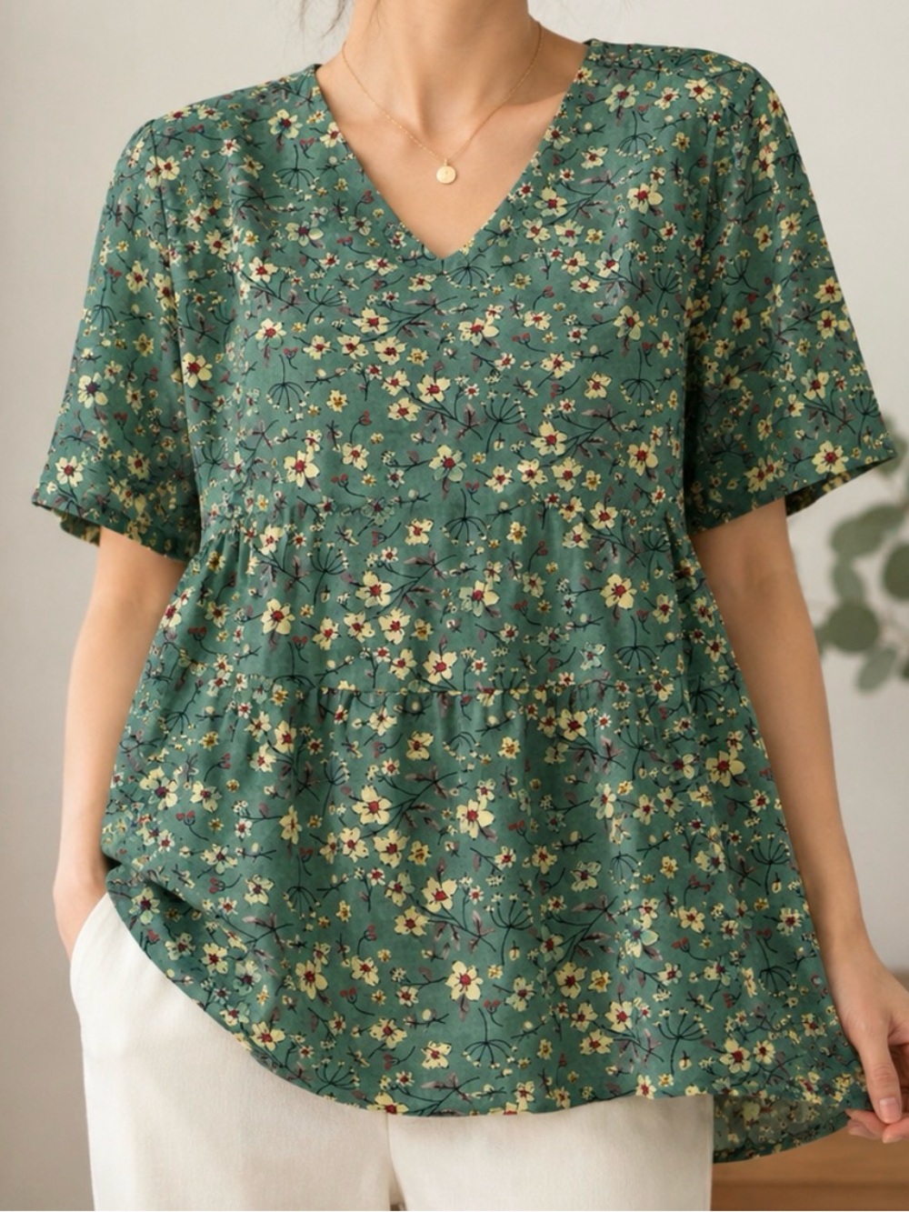 Green Floral V-Neck Babydoll Tunic Top